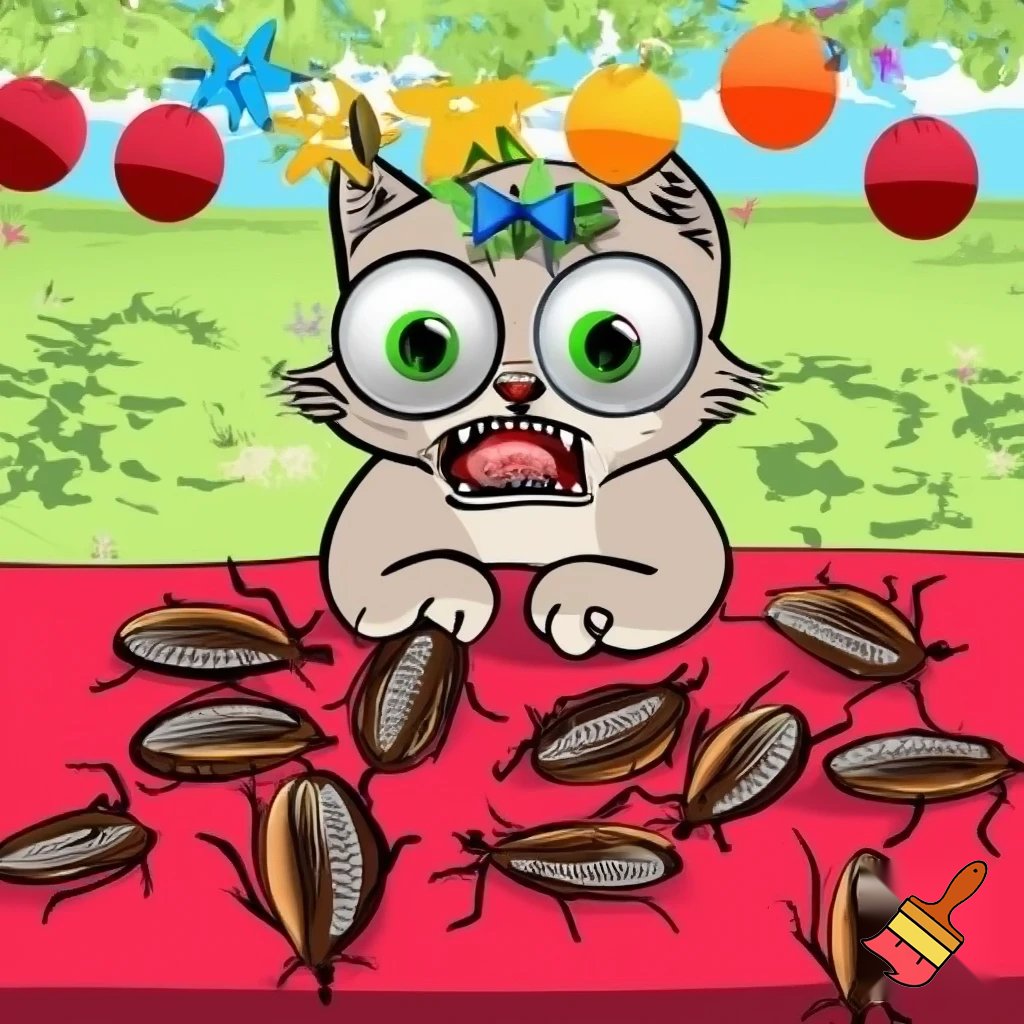 image cartoon humour gros yeux d'un petit chat qui pique des gateaux sur la table lors d'un anniversaire d'enfant en plein air