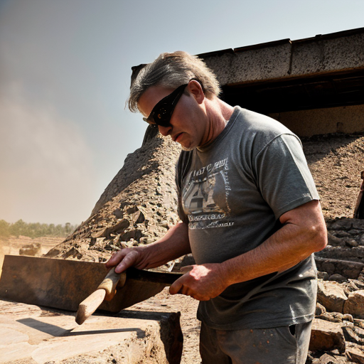 A dramatic, cinematic scene of a middle-aged man with short gray hair and sunglasses perched on his head, intensely carving the words "AMBRIMERDA" into a massive, rough-hewn stone block using a chisel and hammer. He's dressed in worn gray t-shirt and pants, covered in dust and sweat, standing on a rocky quarry floor with scaffolding nearby. Warm golden-hour lighting filters through dust particles in the air, casting long shadows and highlighting the texture of the stone and tools. 