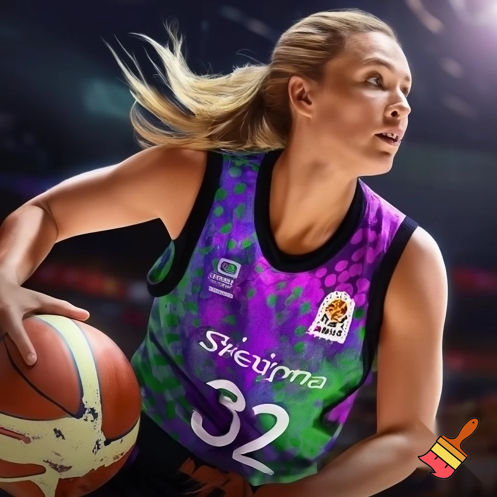 Una mujer de treinta años rubia con una coleta. Con una camiseta del Unicaja de tirantes con el número 32 que sea morada y verde puntos es una jugadora de baloncesto profesional así que tiene que salir con una cancha de baloncesto o con una pelota cogida en las manos