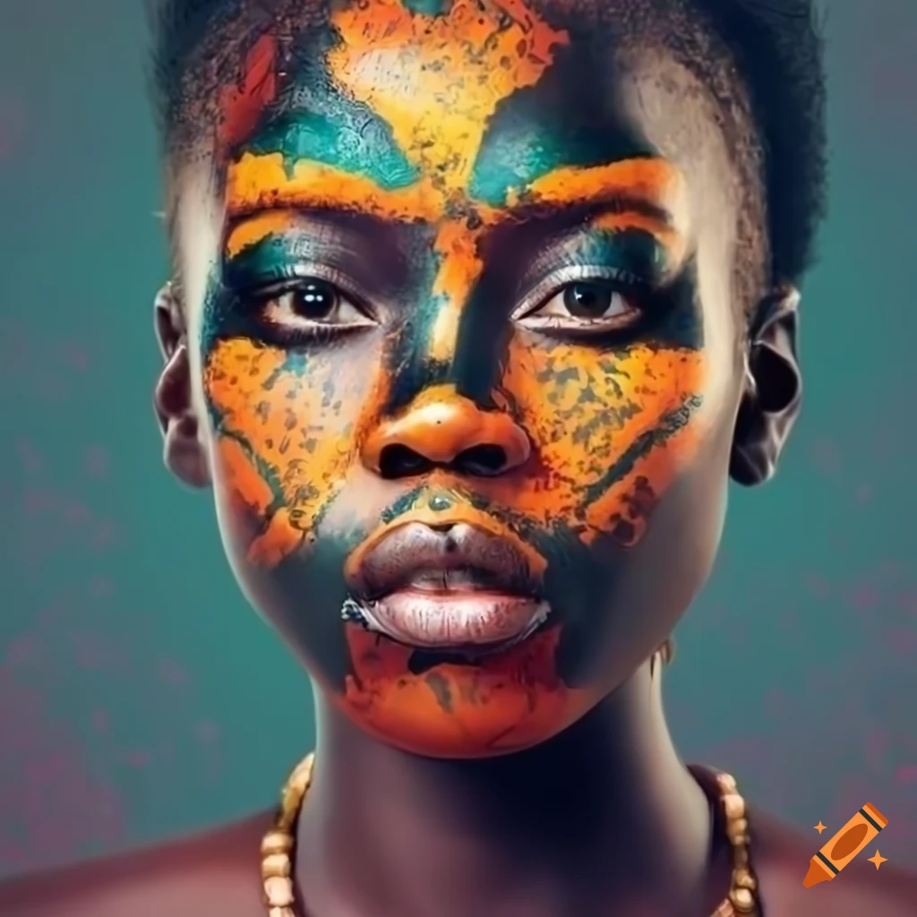 pretty african woman warrior with war painting in the face and hair ornaments and floral background