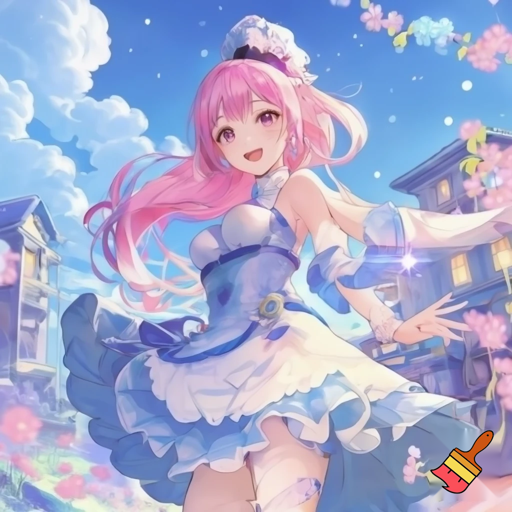An anime girl with pink hair, wearing a cute, adorable, fantasy dress posing in a pretty landscape with the blue sky and pretty buildings and cute decor