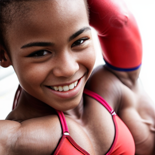 A cute super muscular kid bodybuilder girl is wearing a thong bikini, she is flexing her biceps and is smiling at the camera., close-up portrait, her muscles are large and defined.