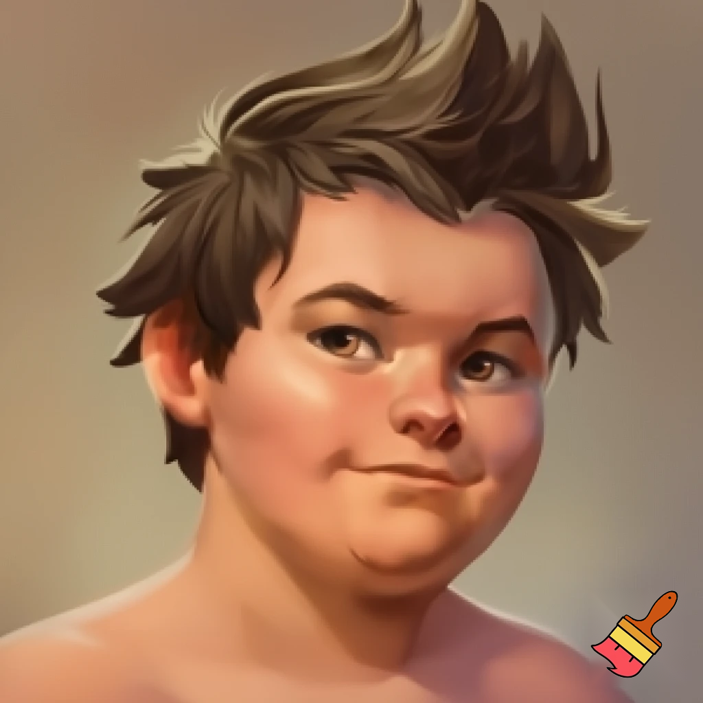 Ben spiky brown hair with short upper bits 13 yards old and overweight 
