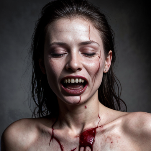 a hauntingly beautiful yet grotesque photorealistic portrait of a blonde woman, her porcelain skin streaked with glistening rivulets of fresh blood that drip from her chin and matted hair. A deep, freshly carved pentagram glistens wetly on her forehead, its edges ragged as if etched by frantic fingers. Her eyes are peacefully closed, lashes clumped with dark stains, while her primary mouth curls into a serene, almost beatific smile—a stark contrast to the horrors flanking it. Both cheeks are torn open like grotesque blossoms, revealing gaping secondary mouths lined with jagged, uneven teeth, their lips pulled back in silent screams that seem to vibrate with unseen agony. Her neck and upper chest are a raw, pulsing landscape of exposed muscle and sinew, glistening under the cinematic chiaroscuro lighting that casts dramatic shadows across her ruined flesh. The background is an inky void, swirling with faint, ghostly tendrils of mist, amplifying the macabre elegance of her suffering. Every detail—from the dewdrop sheen on her wounds to the way light catches the uneven edges of her torn skin—is rendered with hyper-realistic precision, making the horror feel unnervingly tangible.