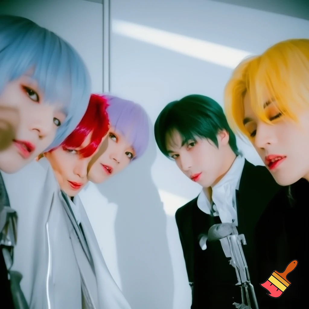 Txt (the kpop group) concept photos for a new comeback. Make sure to give the members different hair colors