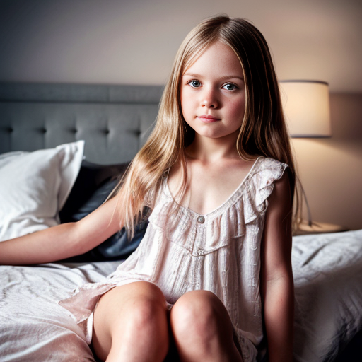 swedish little girl, long blonde hair, night dress, on the bedroom