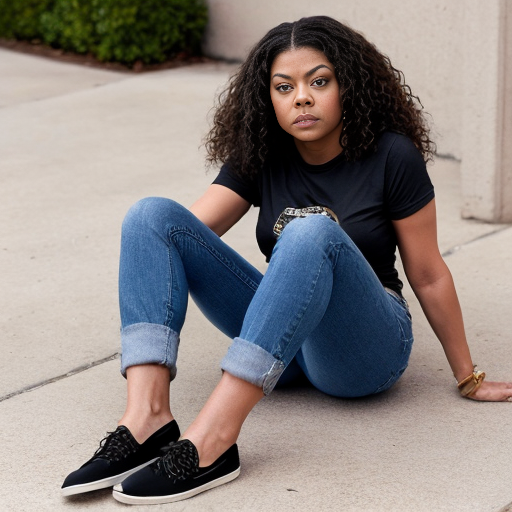 Taraji P. Henson long brown curly hair black t-shirt under t-shirt and blue jeans black toes shoes out 