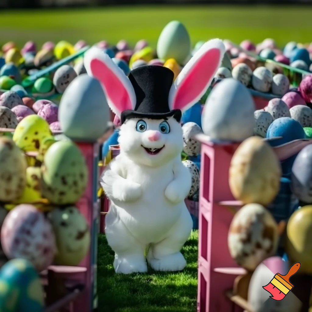 Easter bunny mascot with the top hat costume Easter bunnies maze house