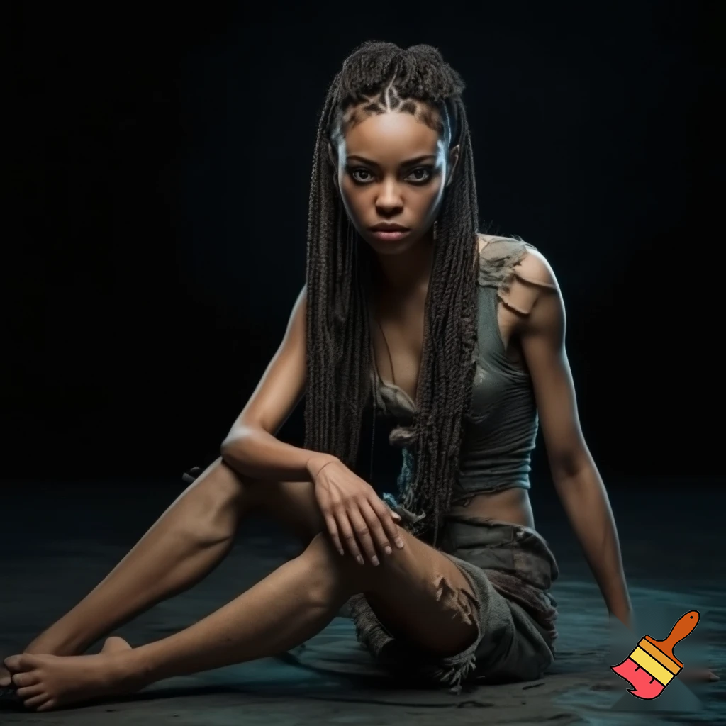 Very detailed and dramatic image of a young woman with long braided hair and a stern expression, sitting on the floor in torn clothes, slender legs without stockings and shoes on a dark background, professional photography, cinematic lighting, hyperrealistic, 8k resolution, detailed facial features
