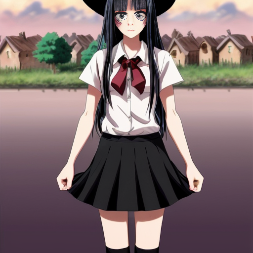 An anime witch girl with black hair, cute face, black eye. She have been abused until she only have broken skirt left. She is 16 year old and height is 1,5m. She is tried to cover her skirt. The background is village with a lot of peopla