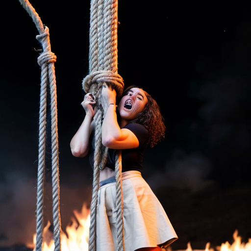 Actress Nia Longhas a 14 inch  long curly hair naked wear a light beige skirt arms behind back to the pole ,tied up by ropes background screaming burned at the stake fire