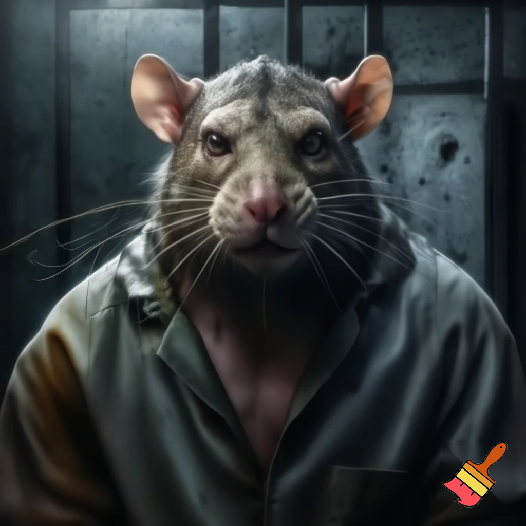 strong rat, evil, sinister, wearing prison outfit, mugshot style, no human
