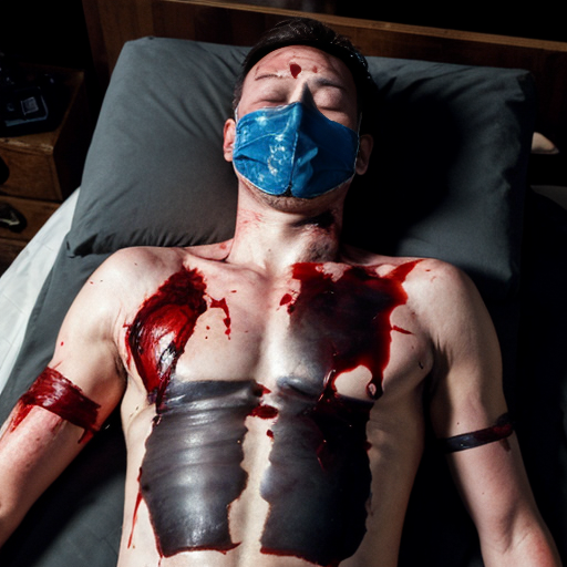 A corpse shirtless man, died, face are wearing mask, eye closed, chest fully opened wounded, blood everywhere.
