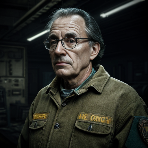 Cinematic portrait of Ingeniero Valdés, a rugged elderly scientist with weathered skin and sharp grey eyes. He wears a heavy olive-drab tactical field jacket over a dark red sweater. Messy salt-and-pepper hair, thick dark-rimmed glasses with visible scratches. Holding a retro-futuristic bronze device with glowing blue tubes. Hyper-realistic, 8k resolution, detailed texture, dark workshop background with floating dust particles, gritty atmosphere, moody lighting.