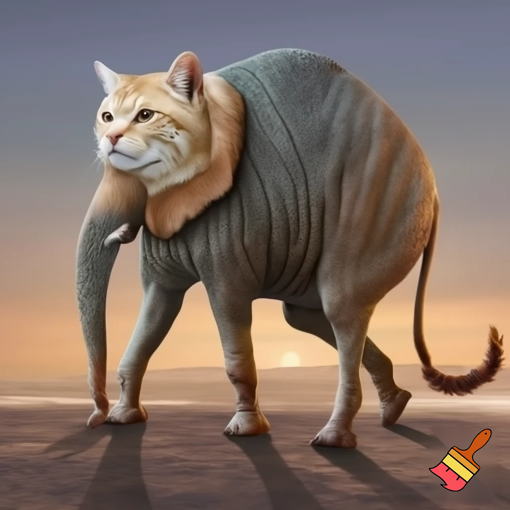crea un animal con cabeza gato,cuerpo de elefante , patas de avestruz y cola de puma
