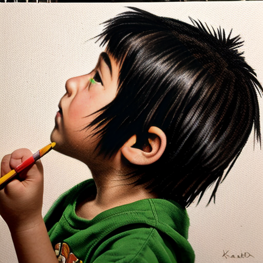 in an 8.5 by 11 inches size of canvass a crayon artwork of a kid with black hair in a side view looking upward holding a theater mask covering the half side of his face