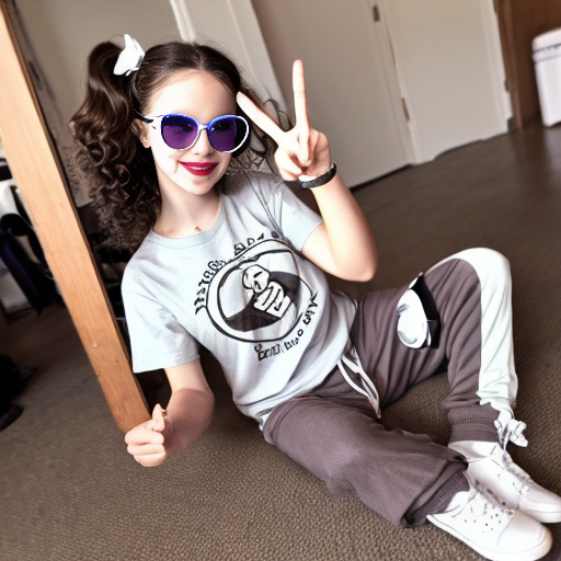 Realistic teenage girl with medium brown curly 2A hair, brown eyes, purple glasses, a dark grey t shirt with a white bow, black wide leg sweatpants and brown ugg shoes doing the peace sign with both hands and also doing the kissy face
