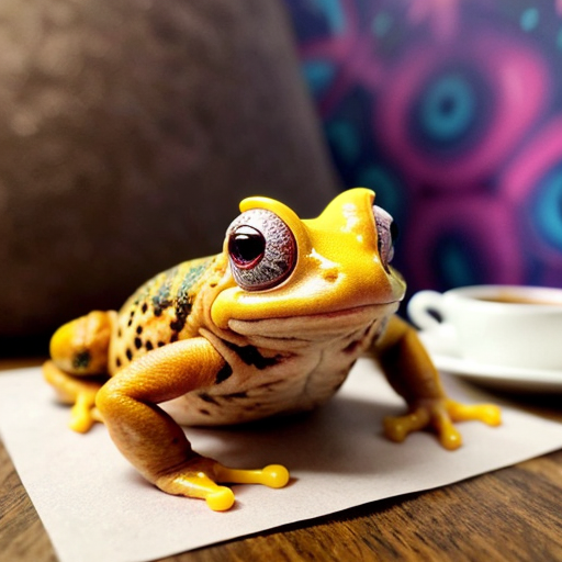 A hillarious, funny boho toad with some hippie colored coffee cups. Psychedelic decorated background, hyperrealistic. Close-up view.