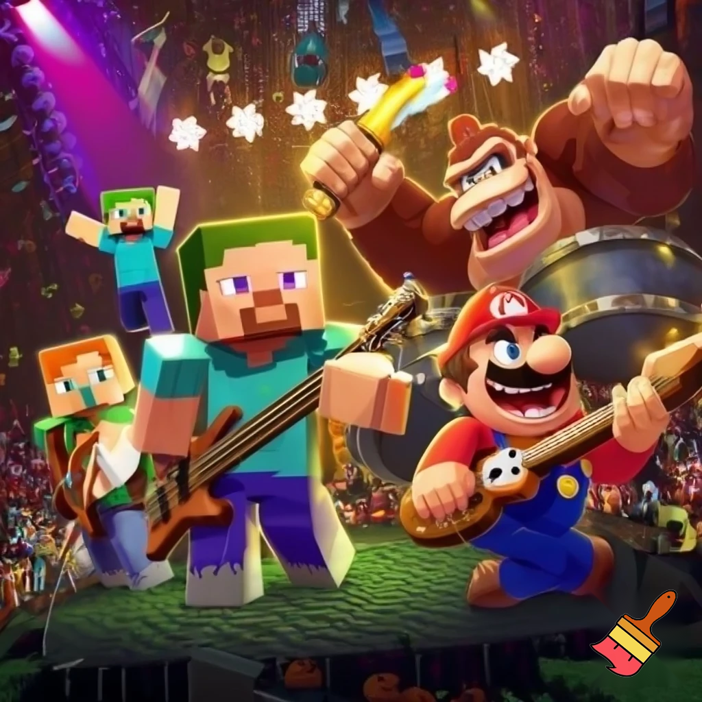 Minecraft steve, mario, link, and donkey Kong in a band