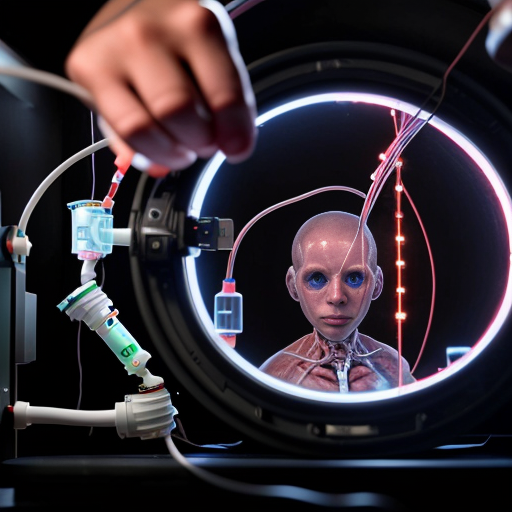 Embryonic test subjects in a dark futuristic nursery lab. Robot scientists conducting experiments on the human embryos. Tubes wires and sensors connected to bodies for vital monitoring.