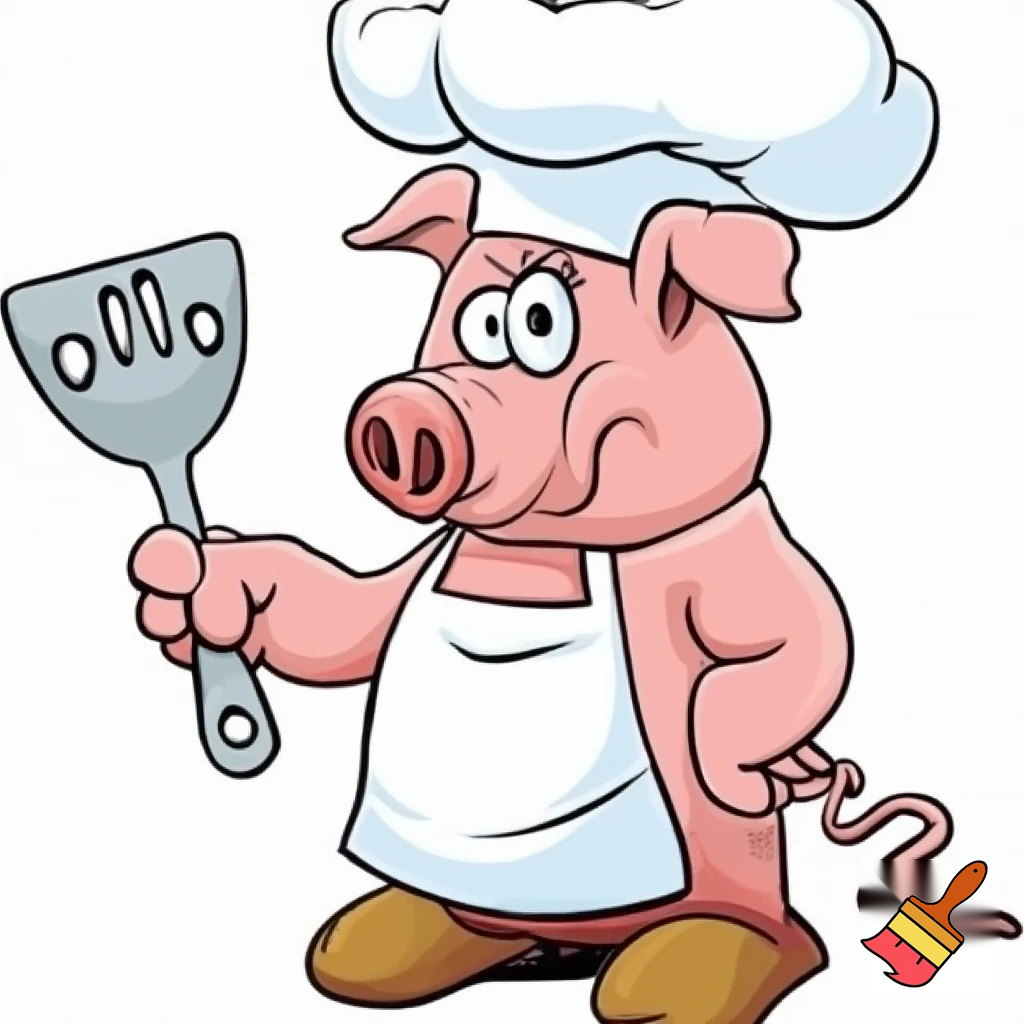 create a picture of a pig that has a white apron and a curly tail, cartoon style. He is a baker. Make it look like a drawing 