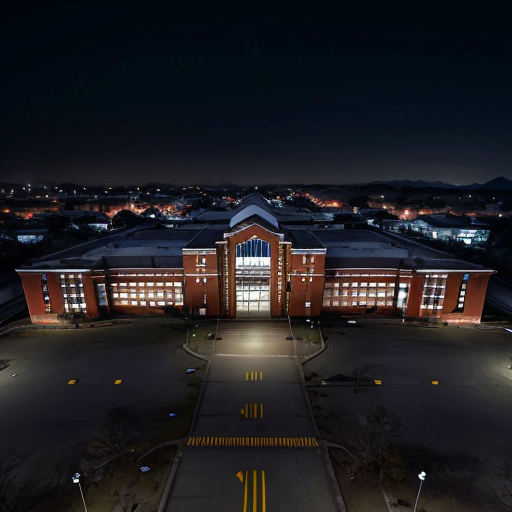 Night aerial view of a large engineering university campus, academic buildings, boys hostel, empty roads, cold blue moonlight, eerie atmosphere, cinematic animated horror movie style, Khooni Monday style