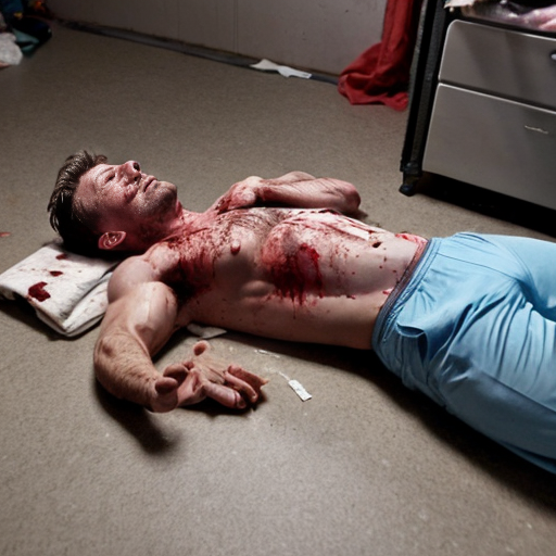 shirtless random man (neighbor, not everyone has 6 pack.), face are hiding by shirt, died already, chest are open wounded circle in random man, blood everywhere, eye closed, floor on corpse body, not pant less.