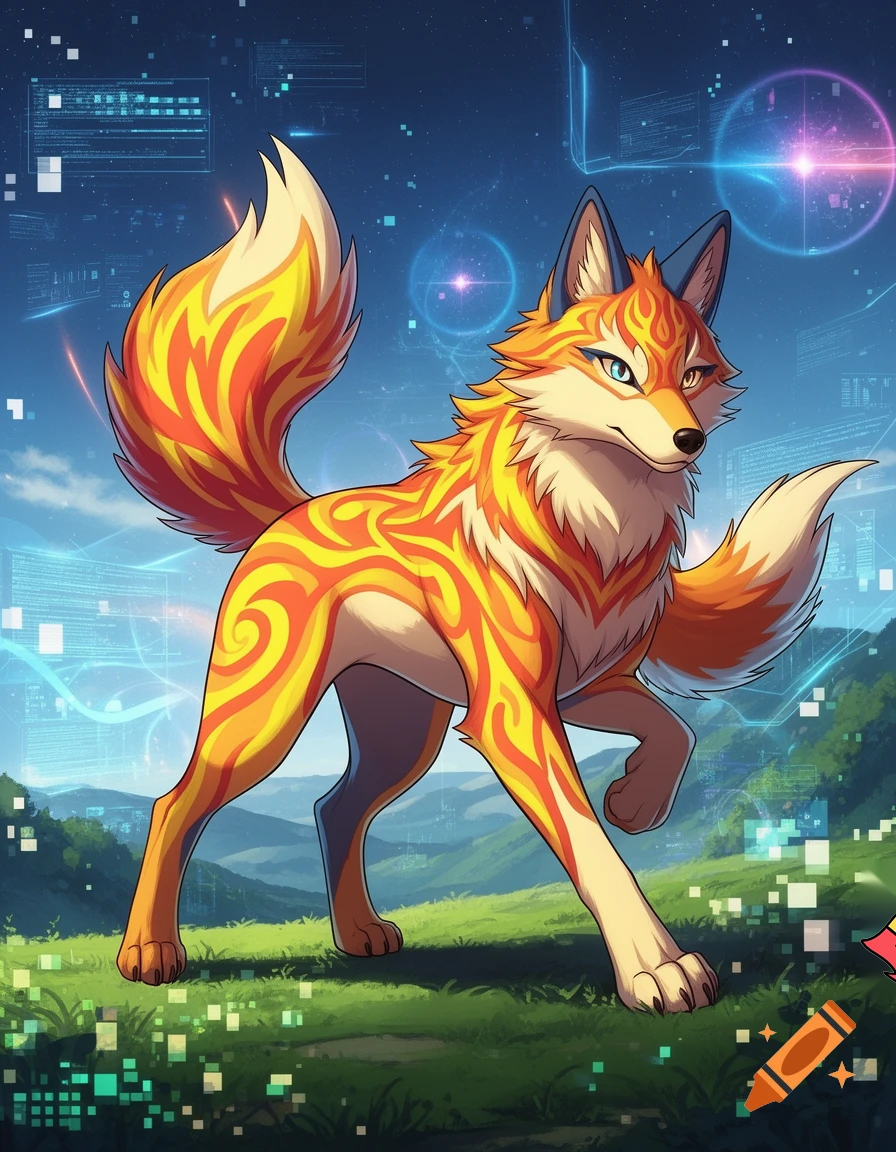 pokemon digimon tails prower mix styles wolf yellow orange and red patterns 