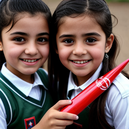 iranian elementary school girls holding a missile smiling