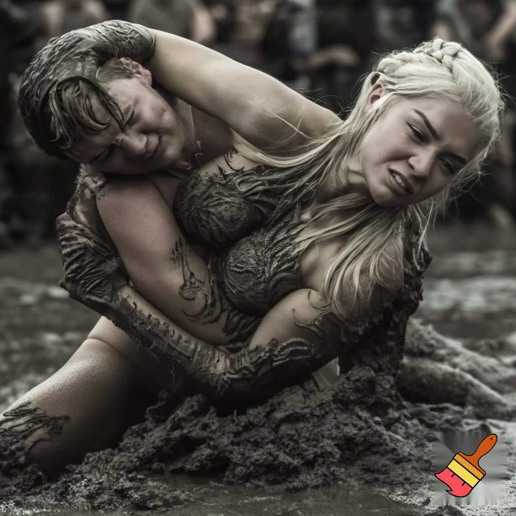 Daenerys Targaryen and Natalie Dormer wrestling in the mud , Natalie Dormer is under Daenerys and losing. Both are naked and all sweaty 
