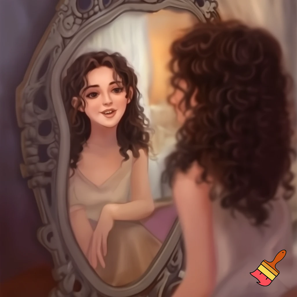 A slim twentyone year old woman with pale skin and dark brown long curly hair, depicted from head to toe, watching herself happily in a mirror.