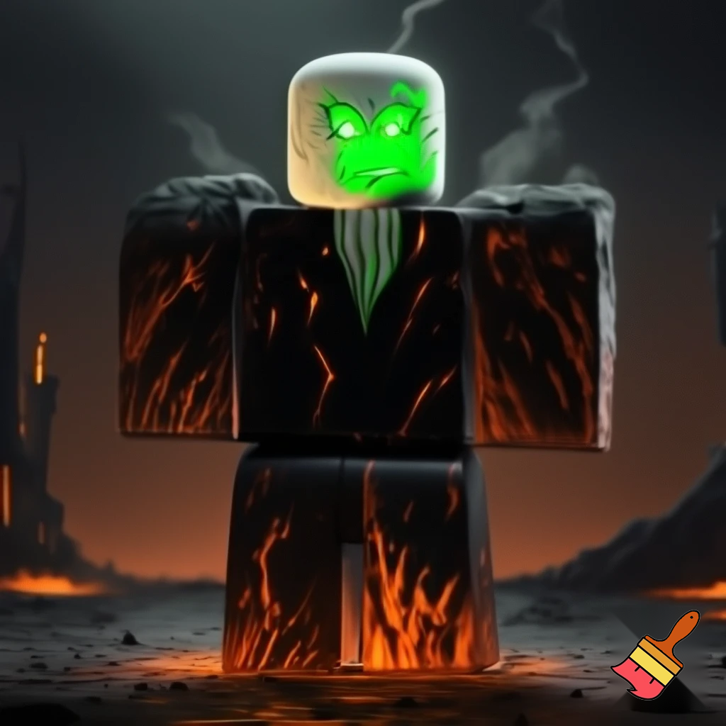 Roblox guy with burned body and white face have green scary face