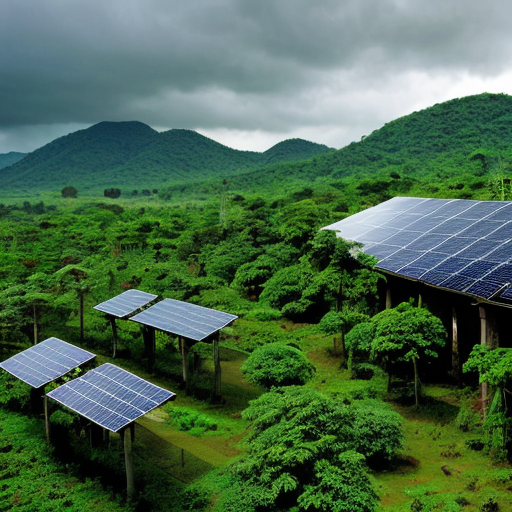 rain forest with a village and solar panels
