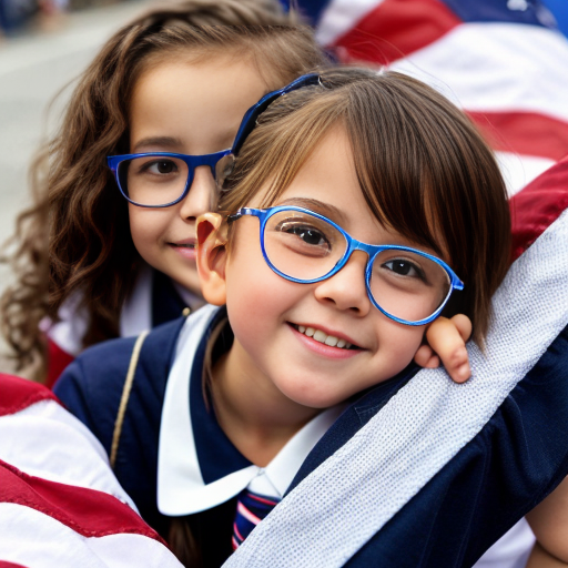 Cute adorable niña Chilindrina glasses con hair lazo curly Blonde con sailor uniforme escolar con zapatos negros escolar con calcetines blancos con Estados Unidos América bandera con desfile con ciudad 6