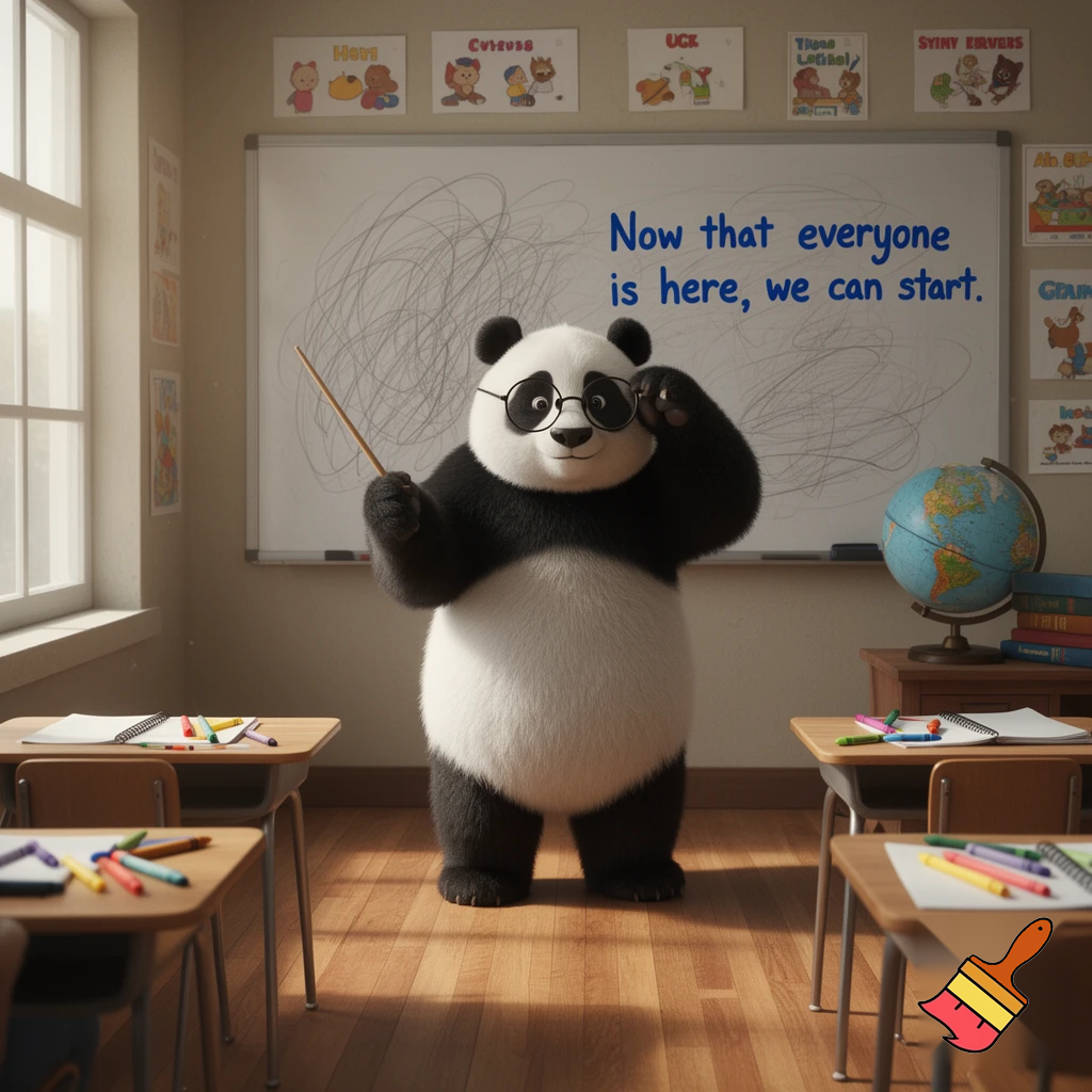 panda teacher says now that eveyone is here we can  start