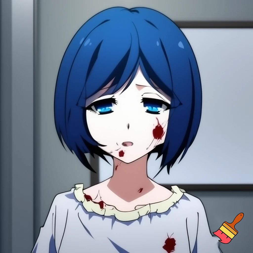An innocent busty anime woman with short blue hair and blue eyes wearing a bloody hospital gown