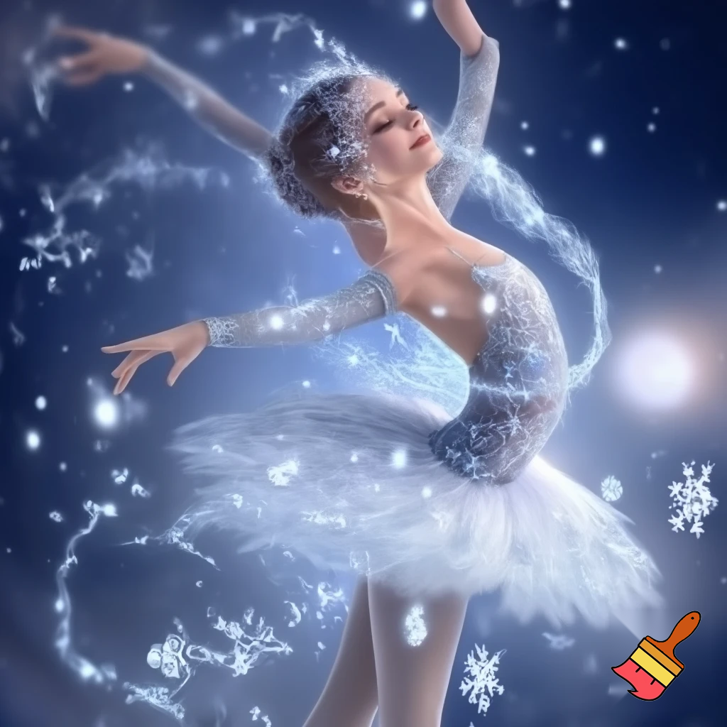 Красивая балерина , её изображение тела в сказочных снежинках