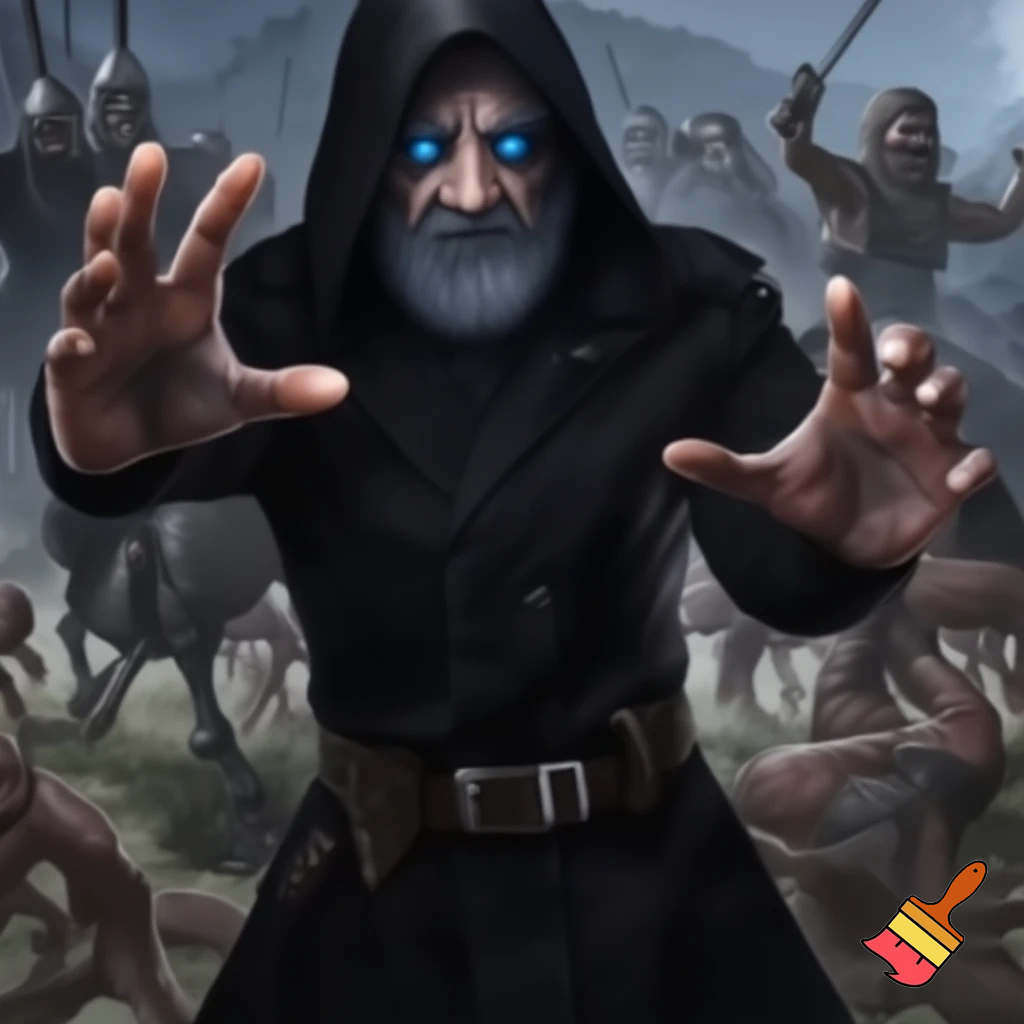  a grey-beard archmage in black clothes and hood with shiny blue eyes, on a battlefield surrounded by corpses and casting a powerful barrier spell with his hands.  