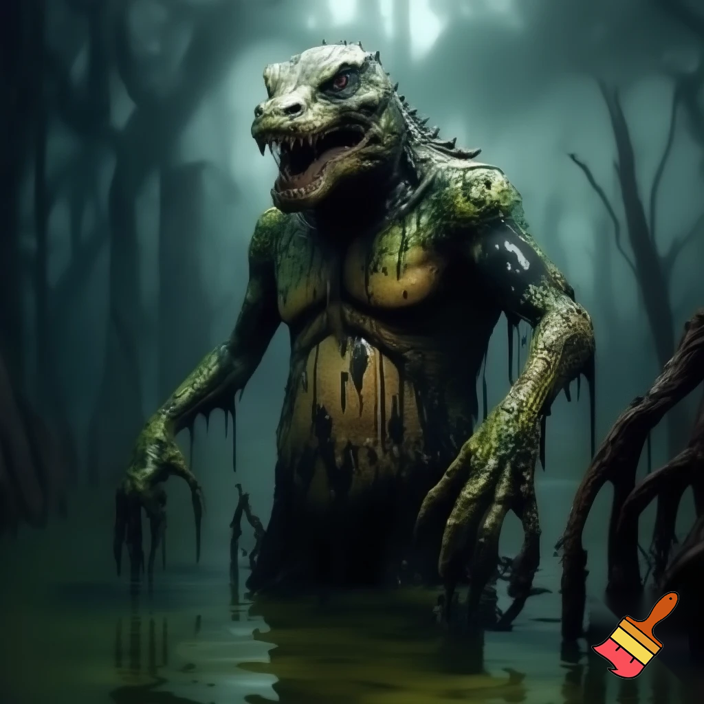 A grotesque, rotting, anthromorphic crocodile creature standing upright, its body covered in black goo, melting, and dripping like sludge, exposing its bones. The skin is swampy green, black, and sickly brown, with patches of rot and ooze and entirely made out of gunk. Eyes bulging in horror, jaw hanging loosely, teeth crooked and partially dissolved and has a deformed smile. The creature’s limbs stretch out as goo drips from its claws exposing its skeletal fingers. It's appearance, also zombie-like and deformed. Surround it with an eerie, fog-filled swamp: twisted dead trees, murky water, dim green-gray light, and a haunting atmosphere. Highly detailed, creepy, and surreal. 