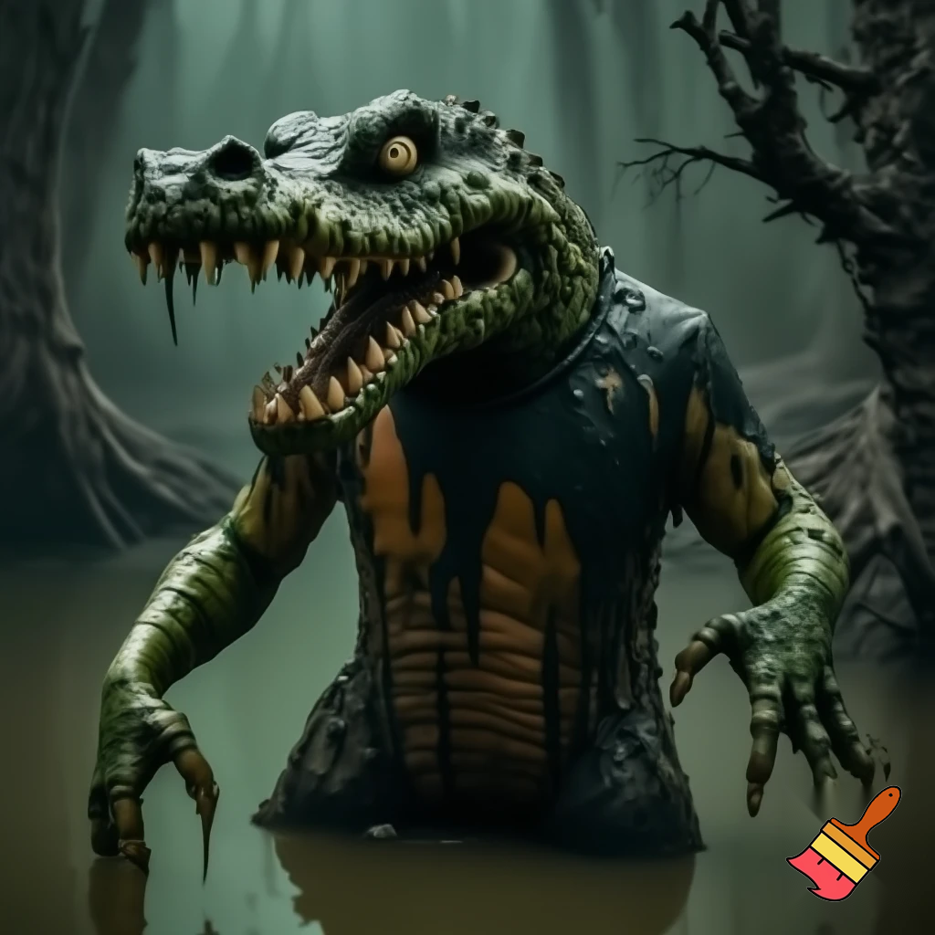 A grotesque, rotting, anthromorphic crocodile creature standing upright, its body covered in black goo, melting, and dripping like sludge, exposing its bones. The skin is swampy green, black, and sickly brown, with patches of rot and ooze and entirely made out of gunk. Eyes bulging in horror, jaw hanging loosely, teeth crooked and partially dissolved and has a deformed smile. The creature’s limbs stretch out as goo drips from its claws exposing its skeletal fingers. It's appearance, also zombie-like and deformed. Surround it with an eerie, fog-filled swamp: twisted dead trees, murky water, dim green-gray light, and a haunting atmosphere. Highly detailed, creepy, and surreal. 
