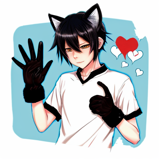 anime teenage boy with red eyes, black hair, white cat ears, a white shirt
, blue jeans, black gloves with one love heart per glove and a brown cat tail with a white stripe near the tip.
