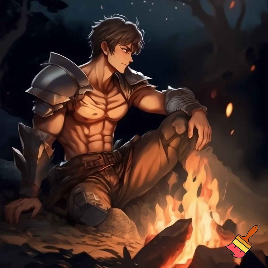 A hansom anime knight with abs and pecks with his armour off sitting around a campfire with his shirt off and only 