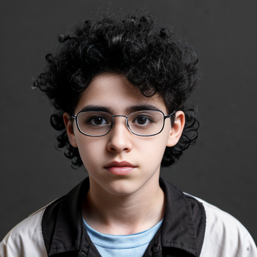 a teenager mad scientist boy with black curly hair
