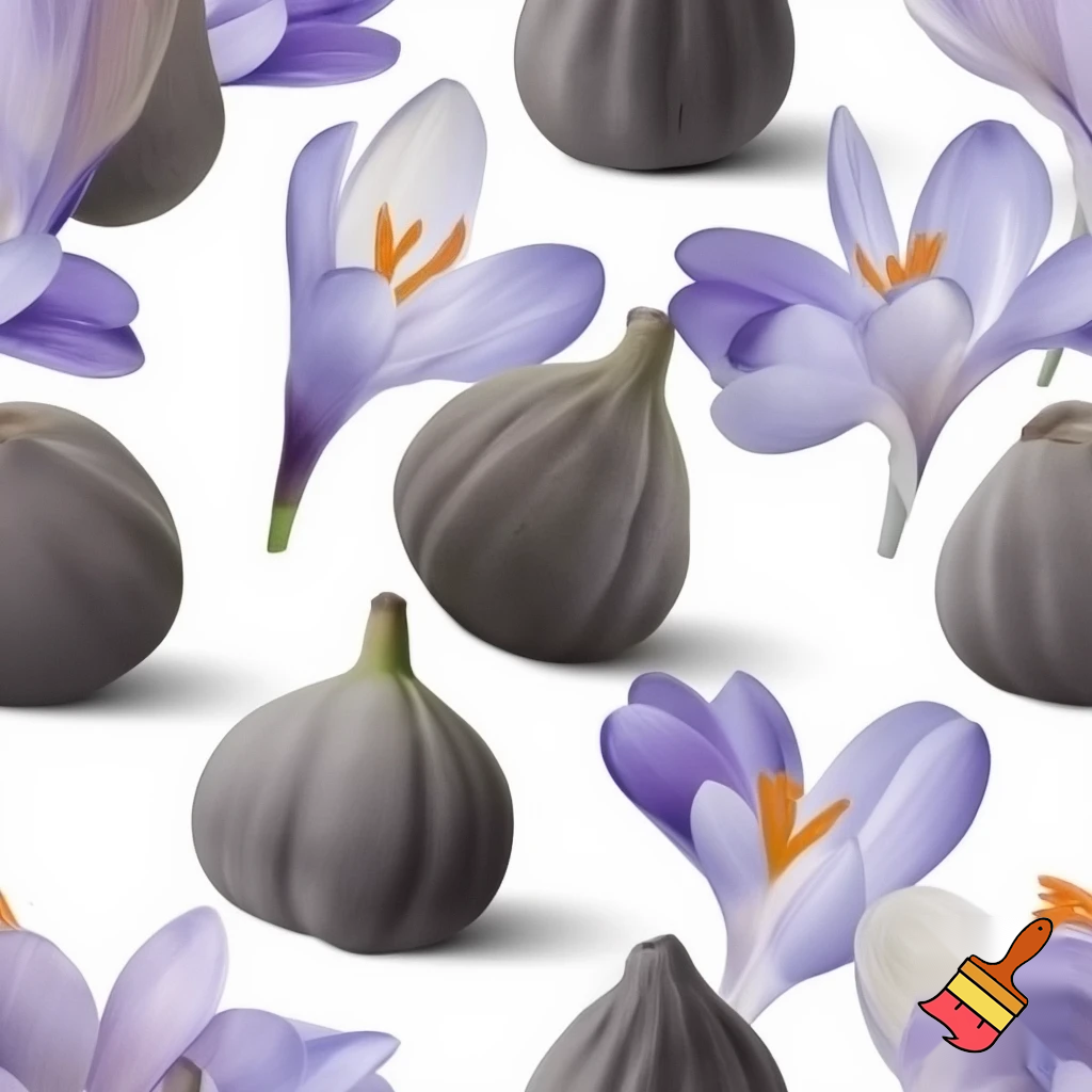 Generate an artwork pattern of grey colored fig fruits and Crocus flowers on a white background