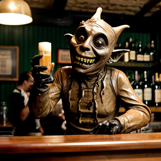 a grotesque, photorealistic dive bar frozen in time—peeling wallpaper stained with decades of smoke and spilled liquor, broken furniture piled like carcasses in the corners, a single flickering bulb casting jaundiced light. Front and center, a nightmare scarecrow slouches on a stool, its burlap face split by a stitched grin, cornstalk fingers wrapped around a bottle of Jack Daniels, tendrils of hay spilling from its rotting chest cavity where whiskey drips into exposed ribs. Beside it, three 1950s-era hazmat suits—faded yellow rubber, cracked visors fogged with condensation—lean drunkenly against the bar, gloved hands clutching martini glasses filled with neon-green sludge. A hunchbacked goblin with pustular skin and jagged teeth perches on a keg, chugging a foaming beer that spills down its chin onto a taxidermied rat hanging from its necklace. Towering over them all, a corroded bronze statue of Satan rises from the debris, one hoof resting on a toppled jukebox, its leering face tilted as if amused by the decay. The air is thick with the ghosts of a thousand bad decisions