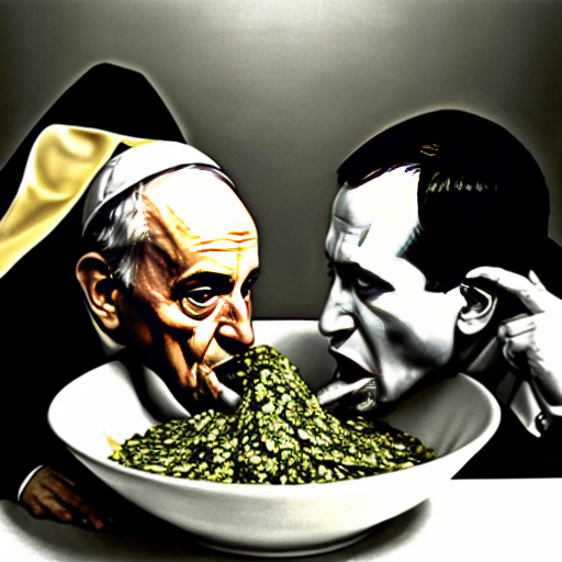 Pope Francis (left) and Pope Leo XIV (right) vomiting, green and snotty vomit from their streched mouths, and into the same bowl (center), dark, gritty, realistic

