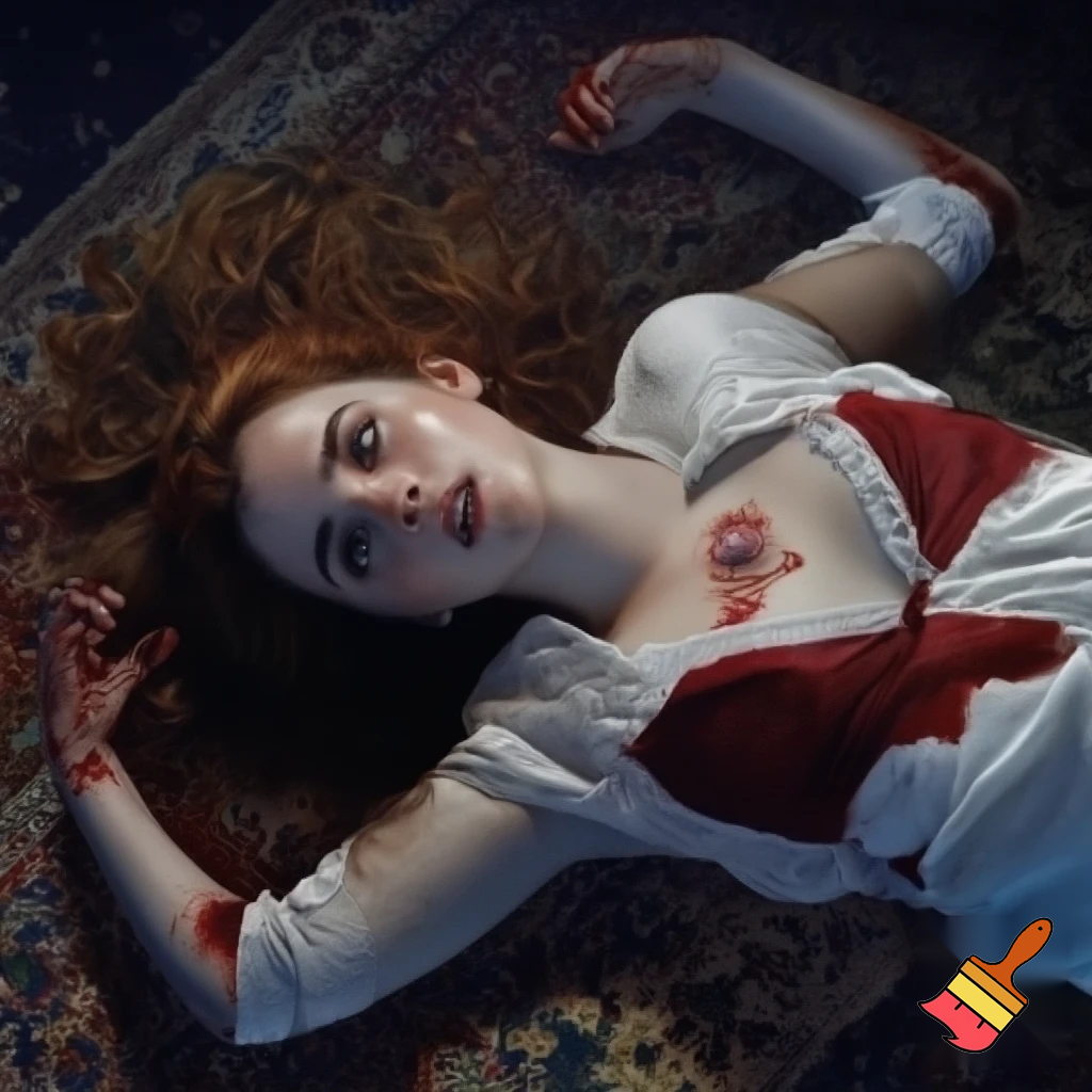 beauty Emma Watson as Hermione lay sprawled across the carpet, her petite body taut with the force of the bullet that had ripped through her tender left breast. Blood seeped from the neat entrance wound, staining her elegant white blouse a deep crimson. The fabric of her bra, a delicate lacy number, was visible as the shirt rode up to expose more of her pale skin.
Her legs were splayed, ankles crossed, in an unnatural pose that accentuated her curves. The way she'd fallen, face down, her long auburn hair fanned out like a halo over the floor. It was a strangely beautiful tableau, marred only by the dark stain growing larger between her shoulder blades, an omen of the brutal violence that had claimed her life.
Her face was turned to the side, the perfect porcelain complexion now marred by a look of shocked terror. Her eyes, those piercing hazel orbs that always seemed to hold a thousand thoughts and emotions, were wide open and staring, unseeing. The bridge of her elegant nose was a gruesome testament to the assassin's aim, a small neat hole, perfectly centered, a fatal kiss of steel and lead.
The eyes rolled slightly, the gaze slanting toward the bridge of the nose, as if Hermione's brain was trying to comprehend the unfathomable pain, the sudden cruel invasion of her body, the very seat of her being. The glassy stare was a mix of horror and defiance, a final and futile attempt to resist the inevitable, to will herself back to life, to transcend the cold embrace of death.
Her lips, usually pursed in concentration or curled in a wry smile, were parted in a silent scream, the pale column of her throat exposed, the delicate tendons and pulsing veins a stark reminder of life's fragility.
Every contour of Hermione's body was etched in death's chill, each detail amplified by the stark lighting and the cruel stillness of her pose. She looked impossibly lovely, even in the face of such terror and tragedy, a fleeting snapshot of a life brutally extinguished before its time. The escalating crimson stain on her white blouse was a grim reminder of the sacrifice she made, her elegant form now a macabre canvas for the evil that had unfolded.