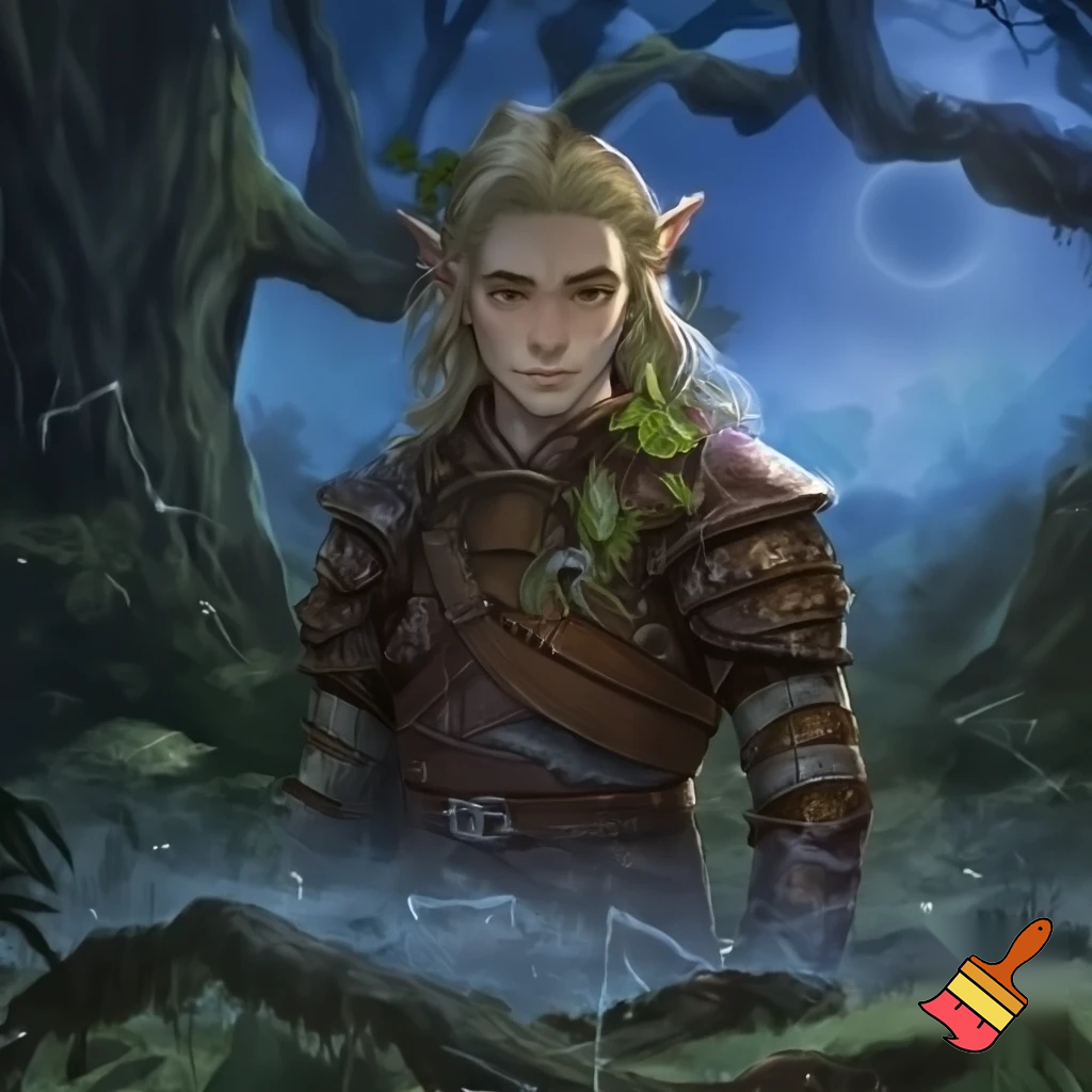 younger male wood elf circle of the stars druid pale skin blond hair hazel eyes leather armor with a sprig of mistletoe as a necklace