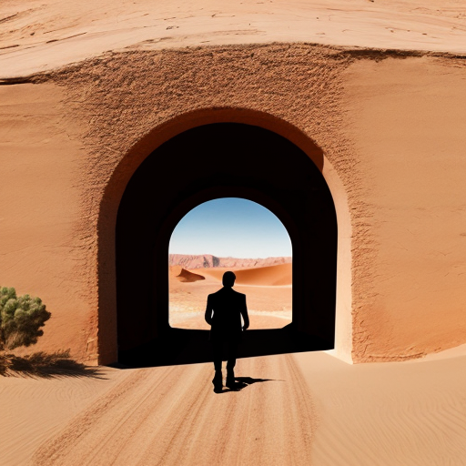 Put abstract figures in an arch in a desert landscape in Tanguy style