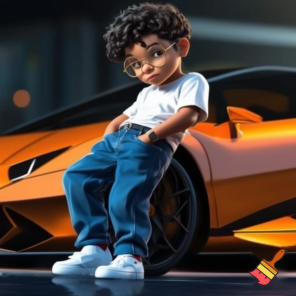 a guy with black short curly hair and with bleu geans on and a white bloes and bleu airmax shoes and he has golden glasses and he is sandingg and leaning ageinst a lamborgini and his hands in his pockets and he has a white skin coulor and he is as tall as a 12 year old

